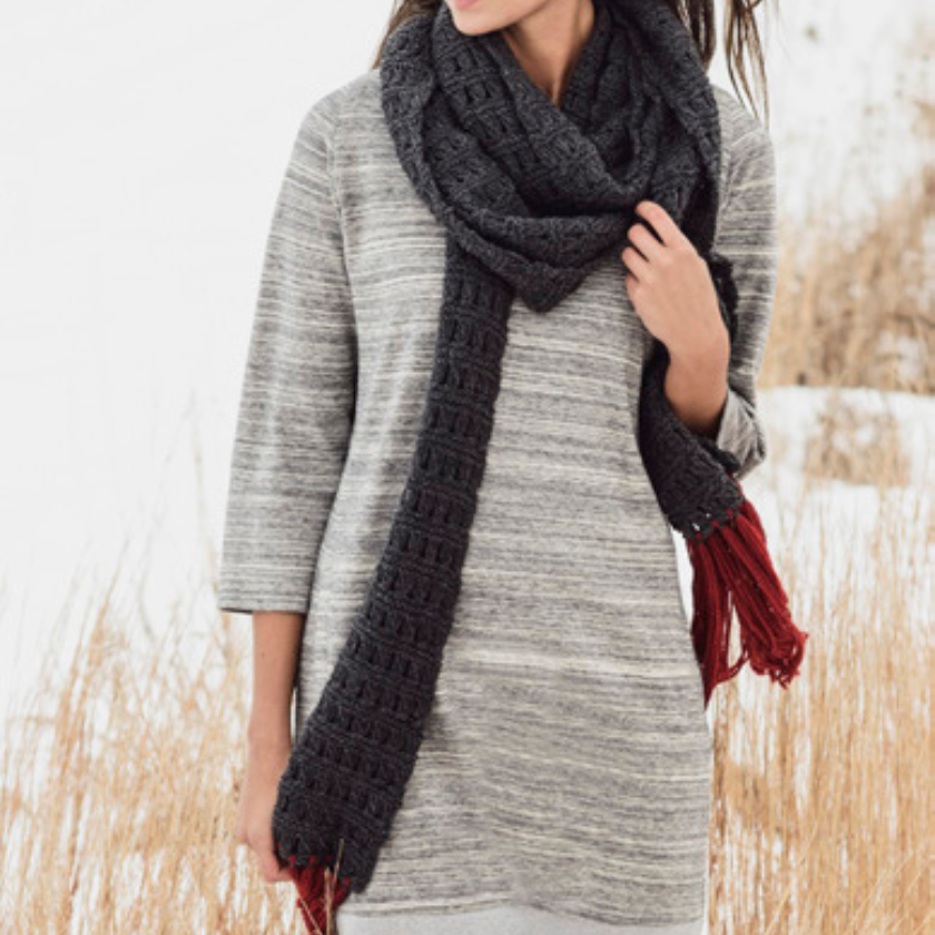 Person wearing a long dark gray Silver Bay scarf with red tassels against a neutral background