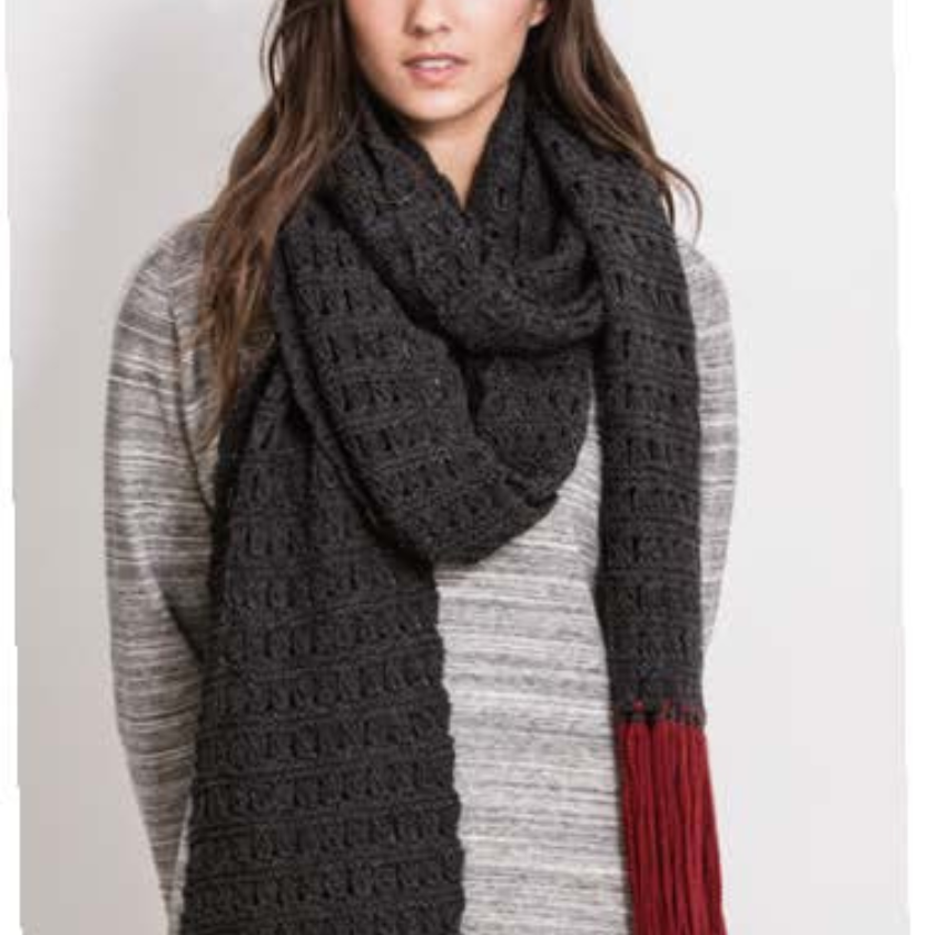 Person wearing a dark gray knitted scarf with red accents on a white background