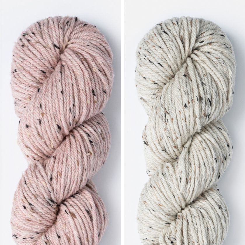 Skeins of yarn for the Anstruther hat in Cactus Flower and Rolled Oats