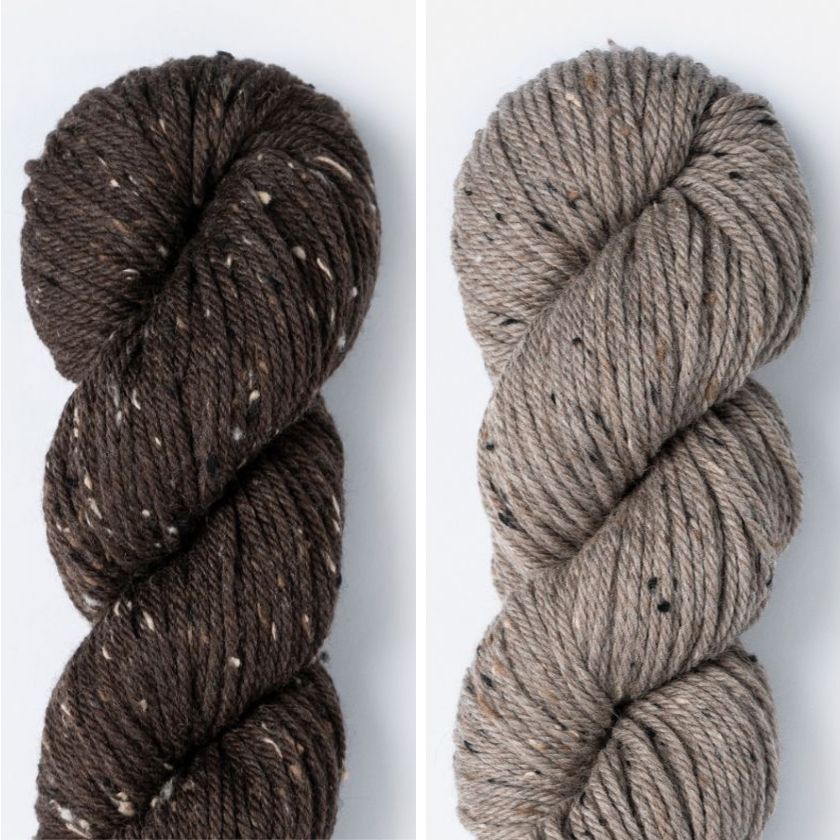 Skeins of yarn for the Anstruther hat in Deep Earth and Wild Mushroom