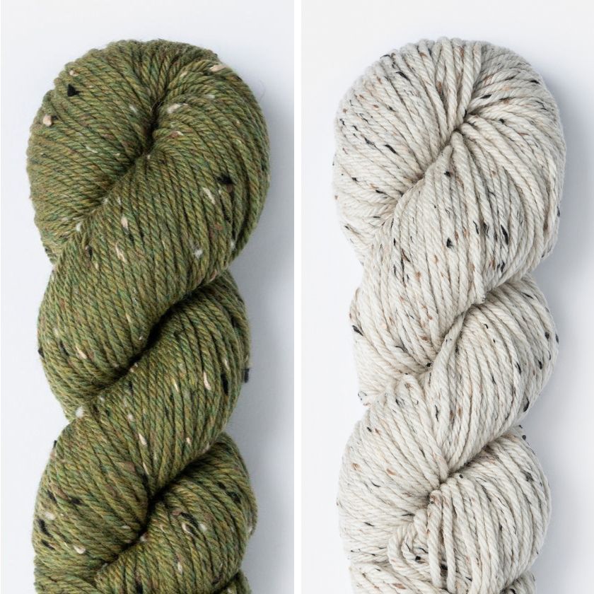 Skeins of yarn for the Anstruther hat in Fern Frond and Rolled Oats