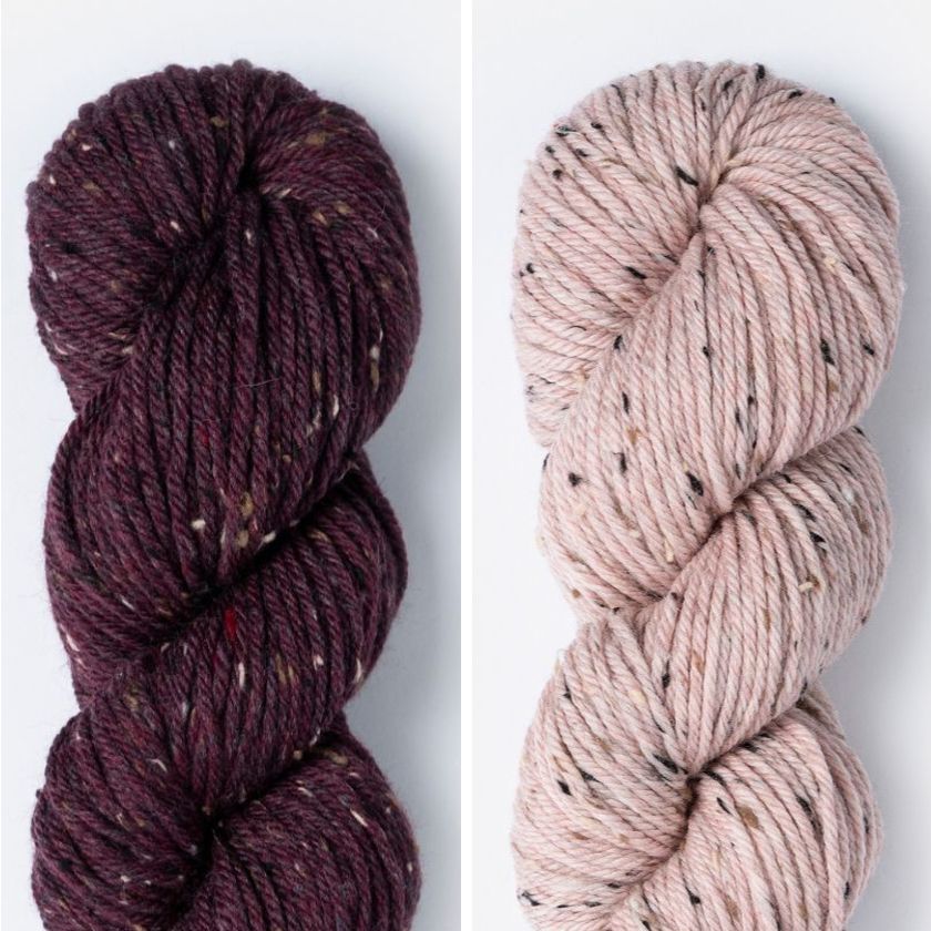 Skeins of yarn for the Anstruther hat in Plum Brandy and Cactus Flower