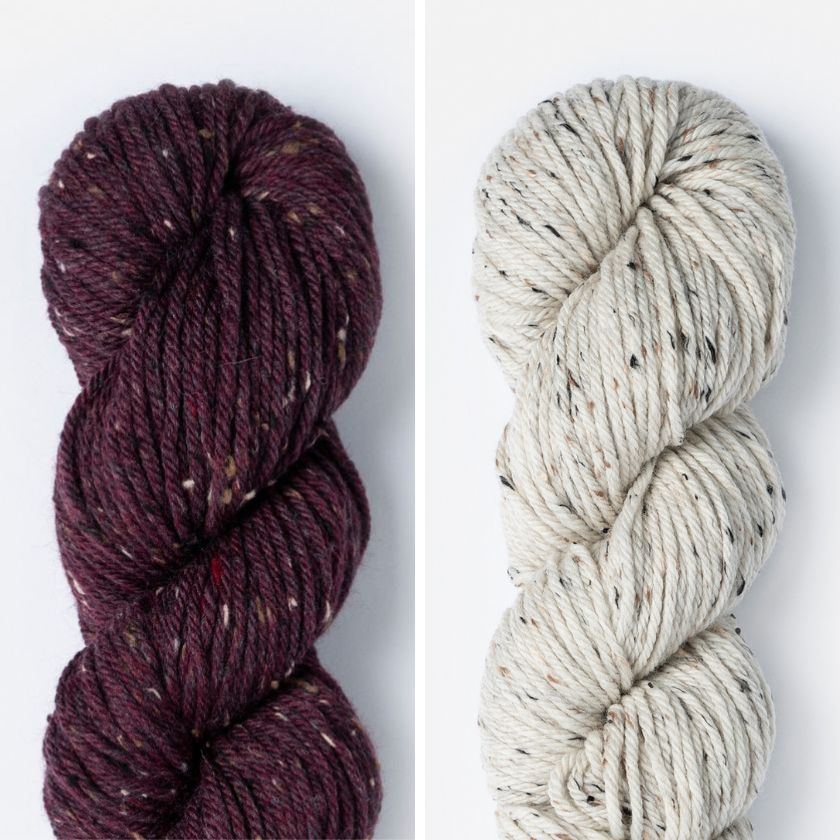 Skeins of yarn for the Anstruther hat in Plum Brandy and Rolled Oats