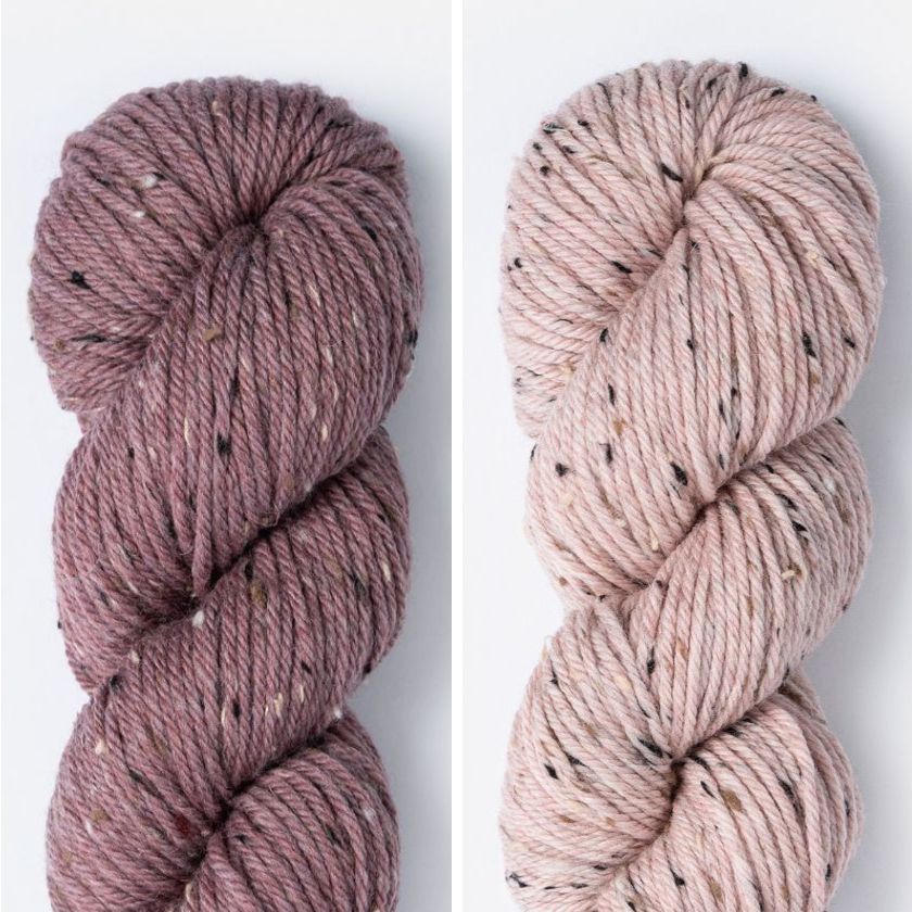 Skeins of yarn for the Anstruther hat in Sage Rose and Cactus Flower