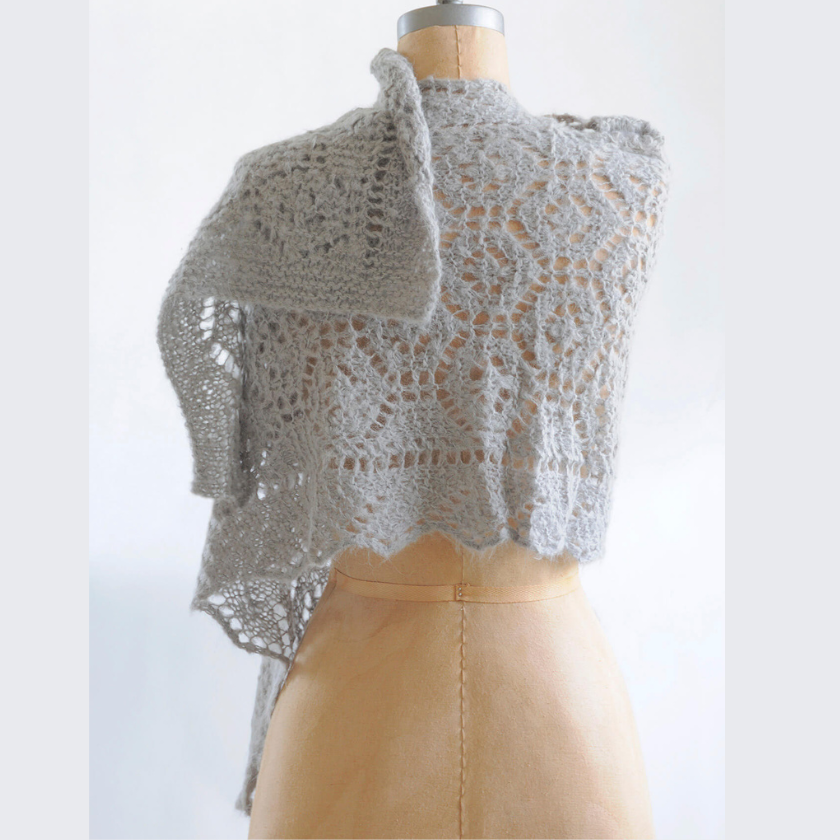 Gray Brushed Suri knitted shrug on a mannequin against a white background