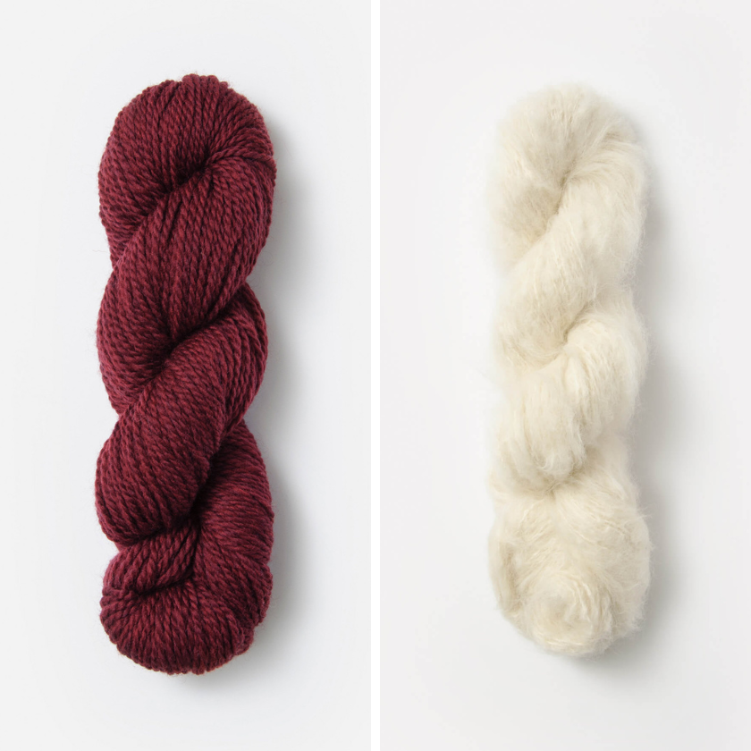 Skeins of yarn for the Castle Rock Cowl with Cranberry and Whipped Cream colors