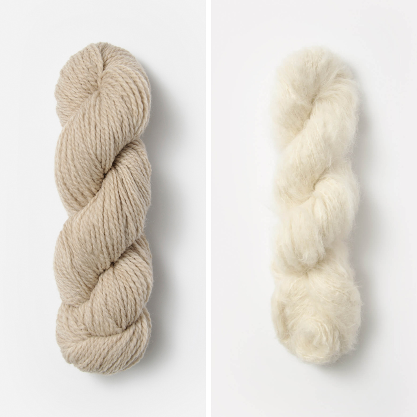 Skeins of yarn for the Castle Rock Cowl with Drift Wood and Whipped Cream colors