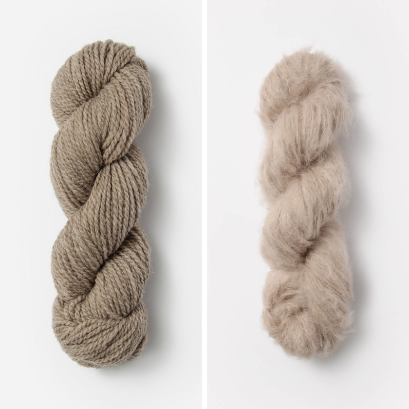 Skeins of yarn for the Castle Rock Cowl with Gravel Roac and Toasted Marshmallow