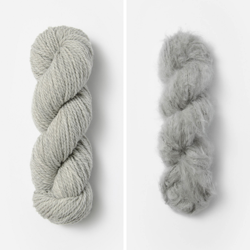 Skeins of yarn for the Castle Rock Cowl with Grey Harbor and Earl Grey