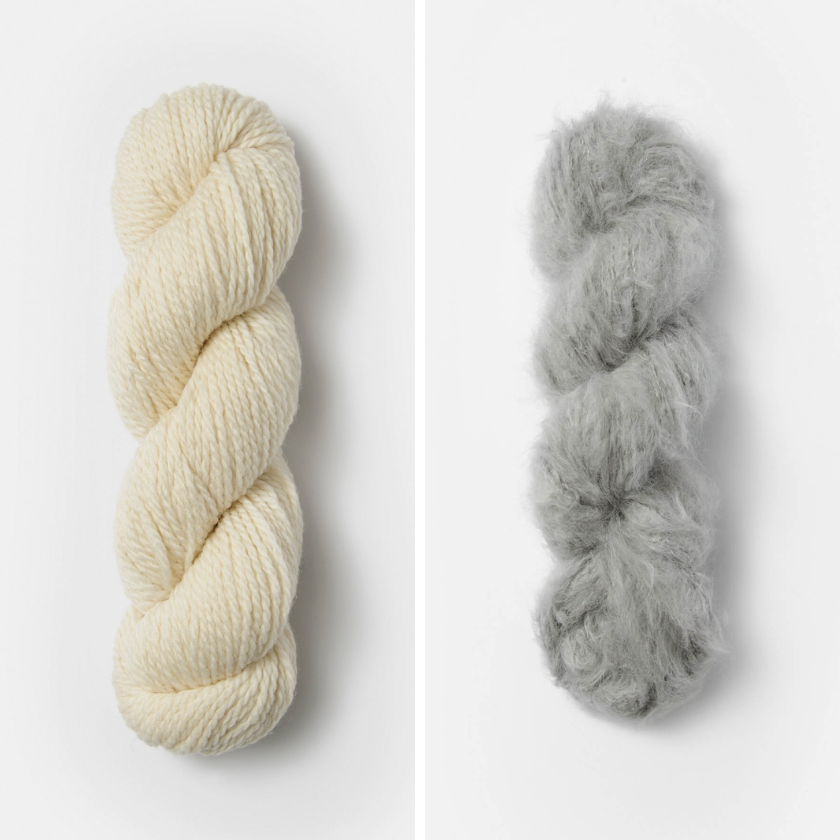 Skeins of yarn for the Castle Rock Cowl with Highland Fleece and Earl Grey