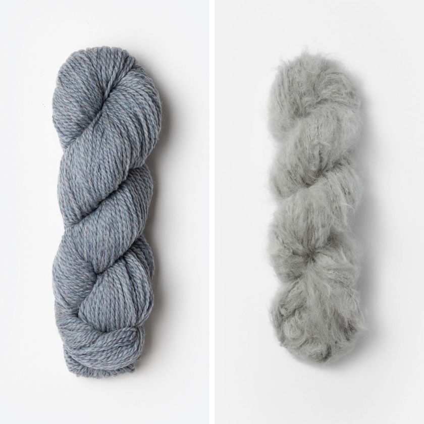 Skeins of yarn for the Castle Rock Cowl with Morning Frost and Earl Grey