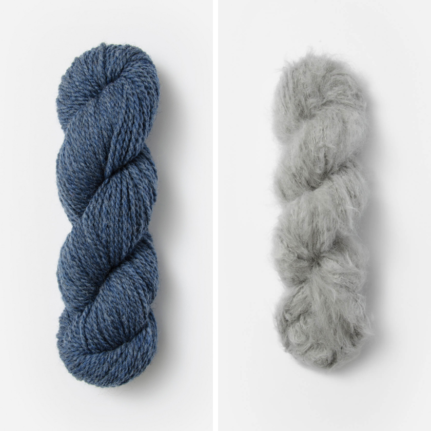 Skeins of yarn for the Castle Rock Cowl with October Sky and Earl Grey