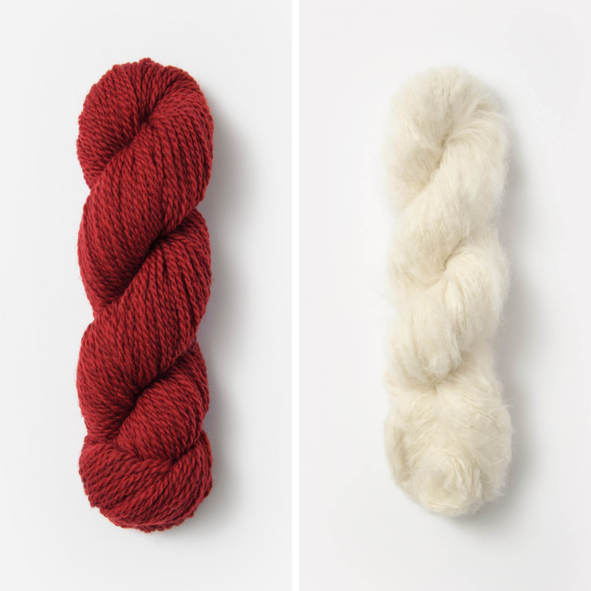 Skeins of yarn for the Castle Rock Cowl with Red Rock and Whipped Cream colors