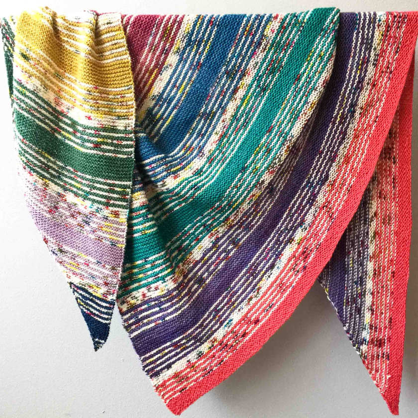 The completed I've Got Sushine Shawl kit from the Dizzy Knitter