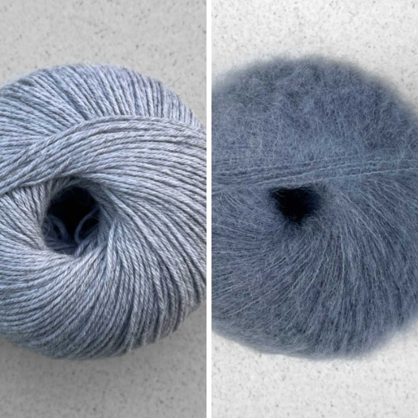 Balls of yarn for the Kiara Sweater in Granite and Stone from the Dizzy Knitter