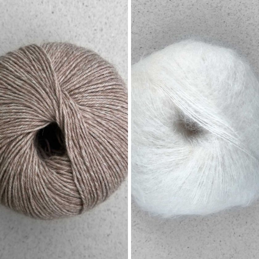 Balls of yarn for the Kiara Sweater in Walnut Tree and Natural from the Dizzy Knitter