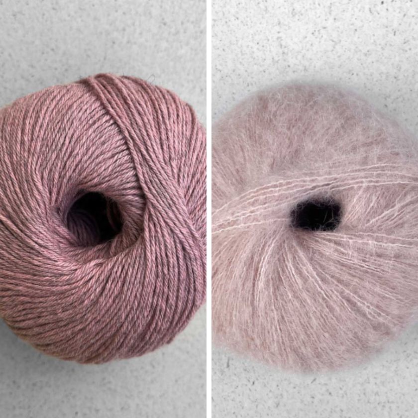 Balls of yarn for the Kiara Sweater in Rose and Powder from the Dizzy Knitter