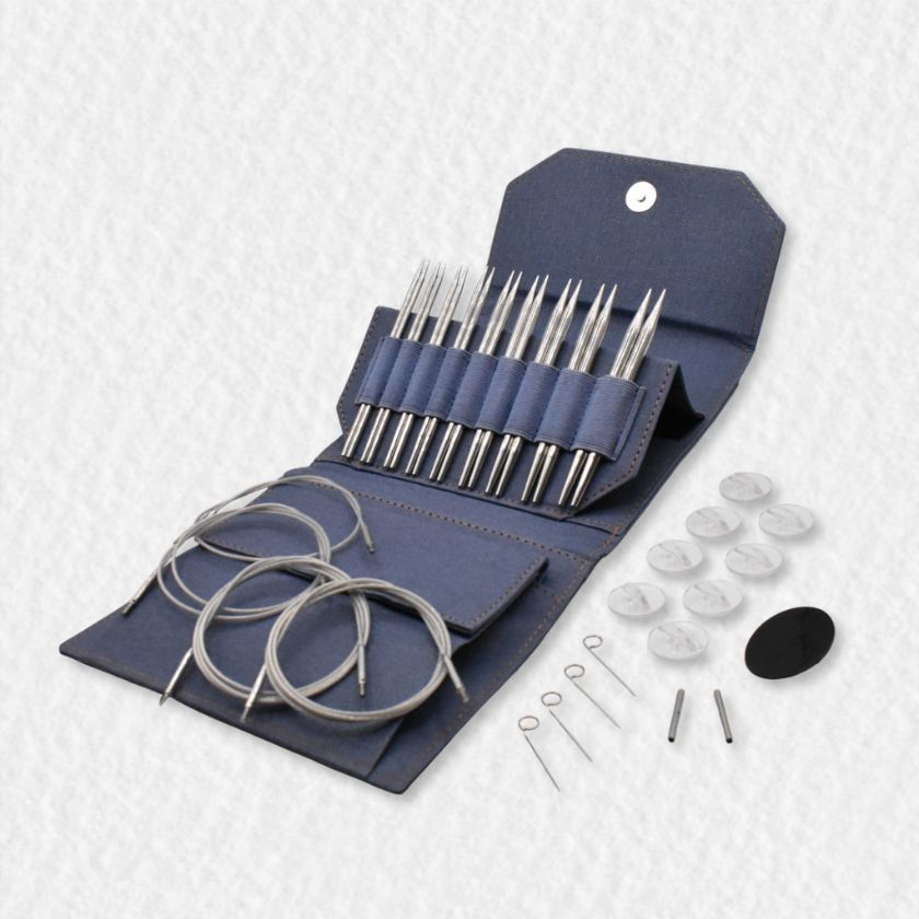 Set of Lykke Flight knitting needles in a blue case on a white background