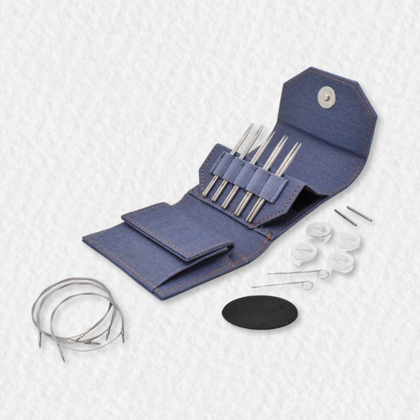 Mini set of Lykke Flight knitting needles in a blue case on a white background