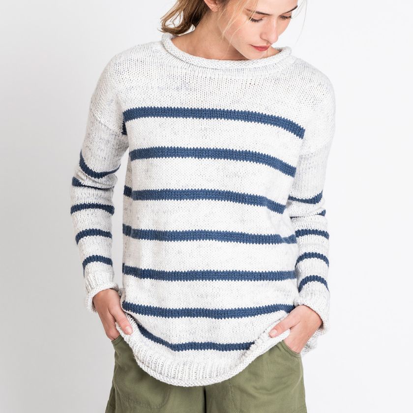 Model wearing the Painted Sailor Pullover from the Dizzy Knitter