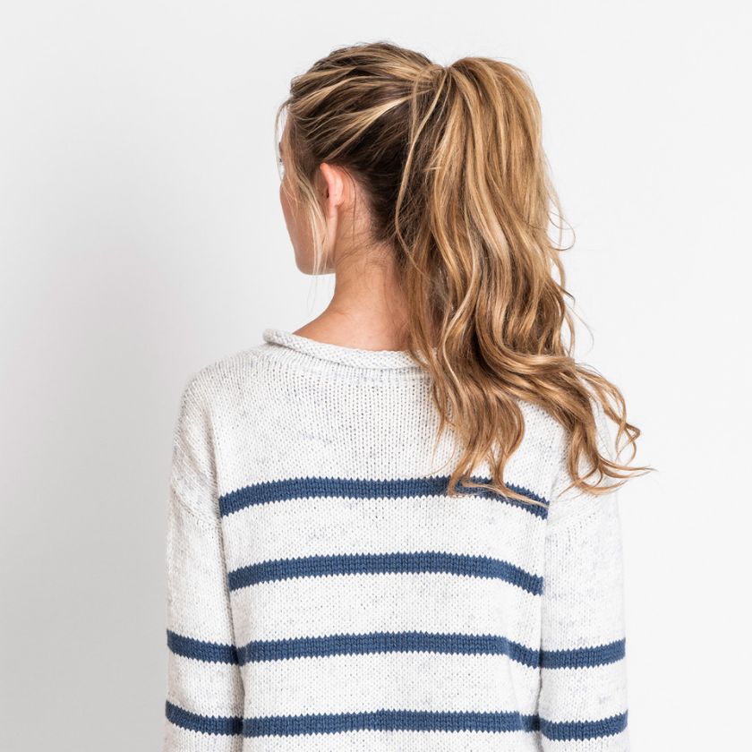 Model shows off the back of the Painted Sailor Pullover from the Dizzy Knitter