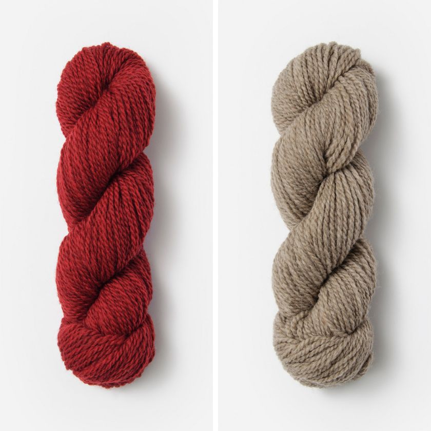 Two skeins of Woolstok Worsted yarn in the colors Red Rock and Gravel Road