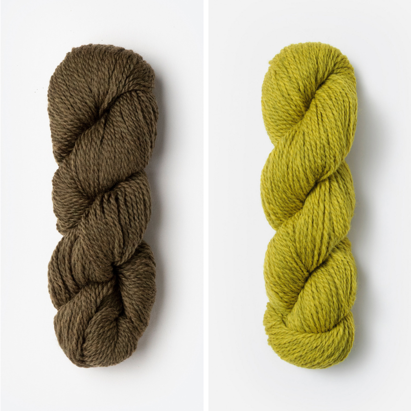 Two skeins of yarn for the Silver Bay Scarf, one Wild Thyme and one Earth Ivy, on a white background.