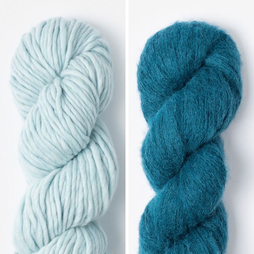 Skeins of yarn for the Spangle Cowl in Thermal Spring and Juniper