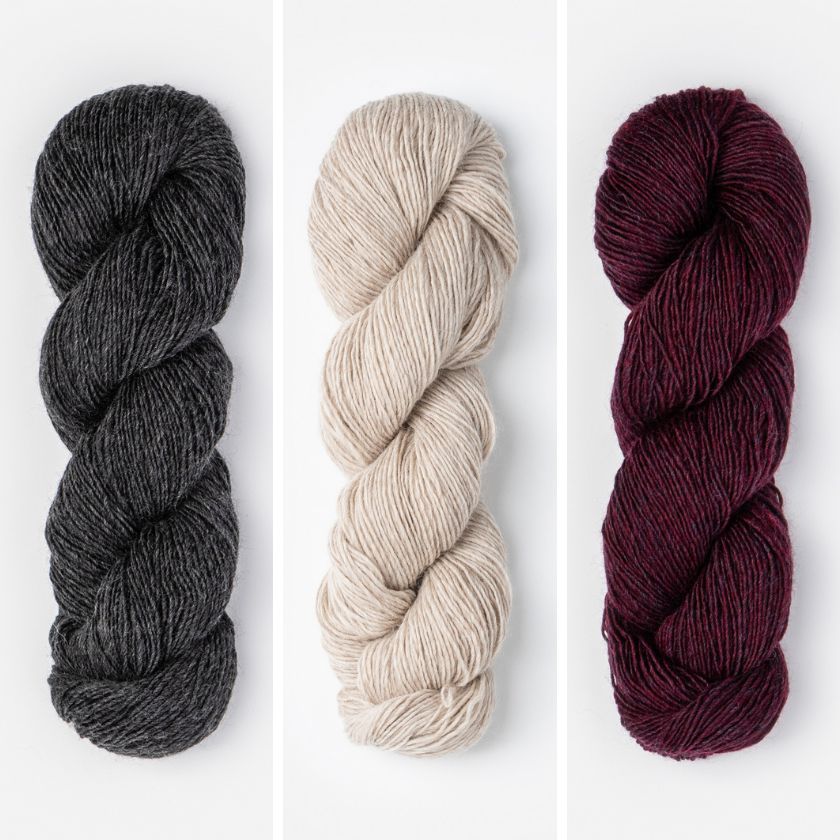 Skeins of yarn for the Tivoli Shawl in Shadow and Velvet
