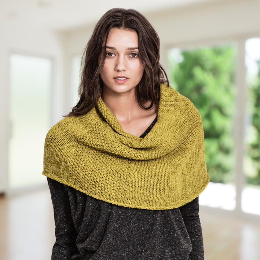 Front view of the Trimont Snood worn as a modern knit cowl with soft drape