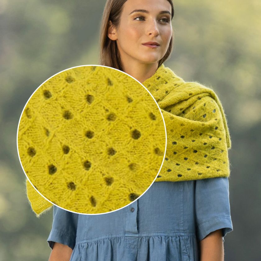 Woman wearing a yellow knitted shawl with a close-up of the fabric texture.