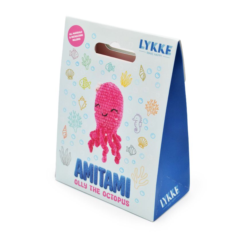 Packaging of an Amitami octopus knitting kit with 'LYKKE' branding on a white background