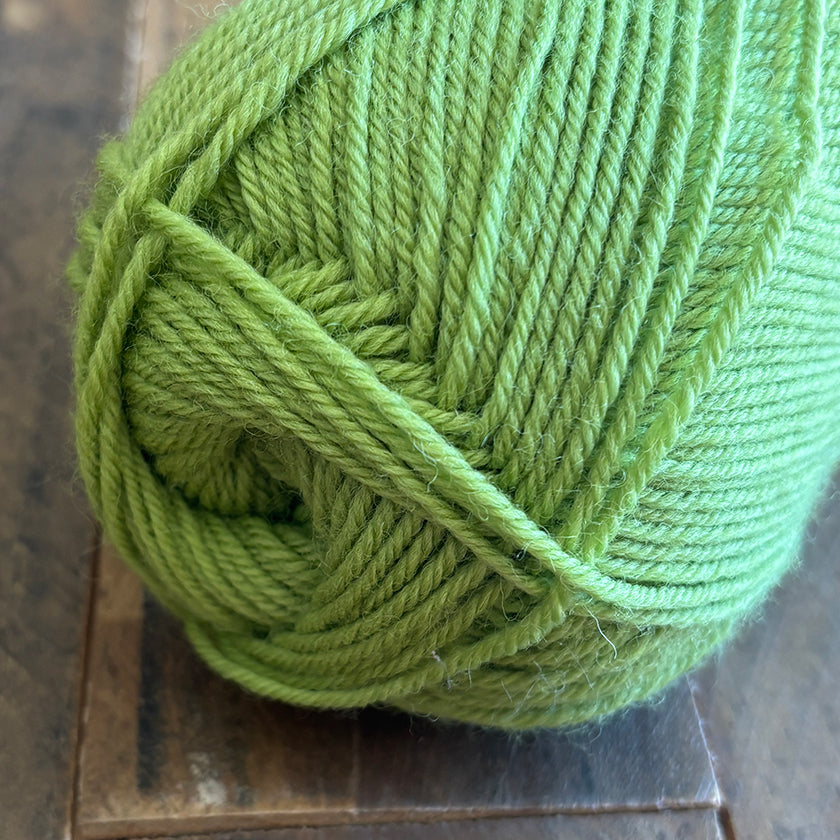 Ball of Ella Rae Classic Wool yarn in Avocado Toast on a wooden surface