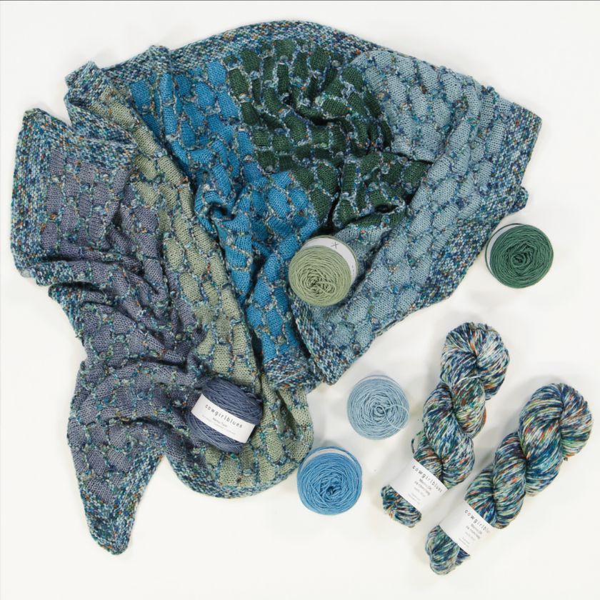 A collage of the yarn used in the blues and green Beehive Baby blanket alongside a completed blanket by cowgirlblues