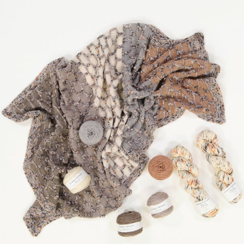 A collage of the yarn used in the neutral Beehive Baby blanket by cowgirlblues