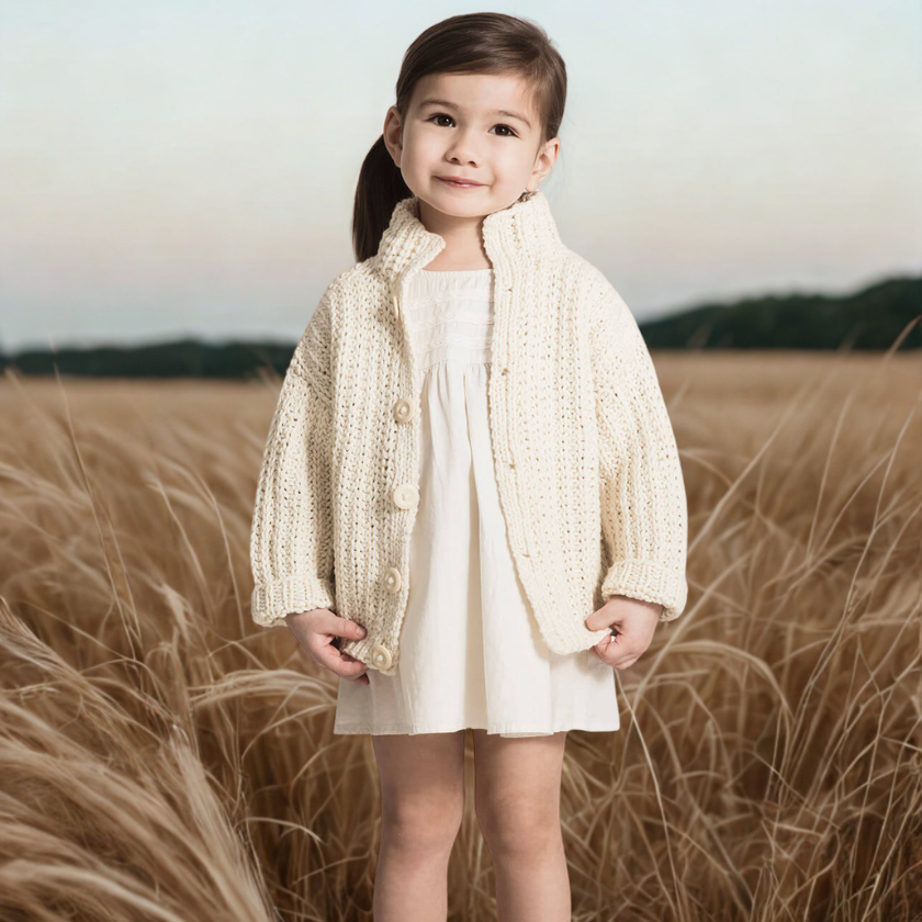toddler girl wearing cream knit cardigan cookies and cream cardi front view fisherman rib sweater