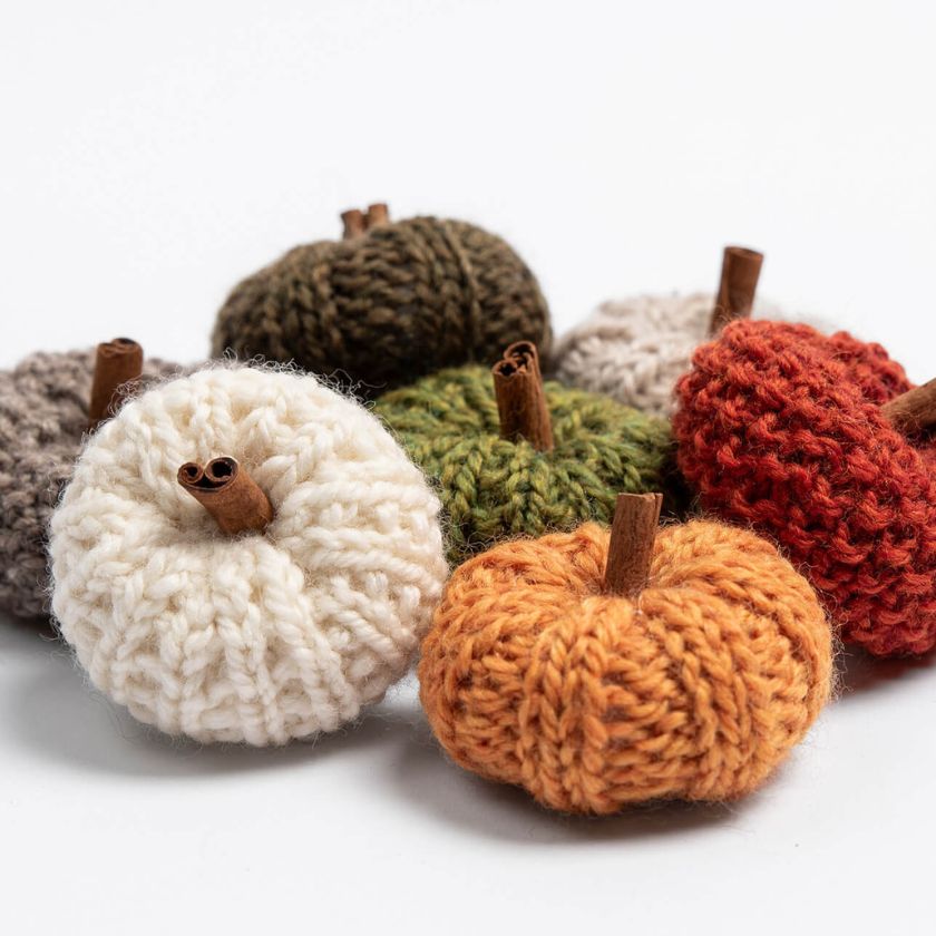 Knitted pumpkins from the Fall Festival knitting kit