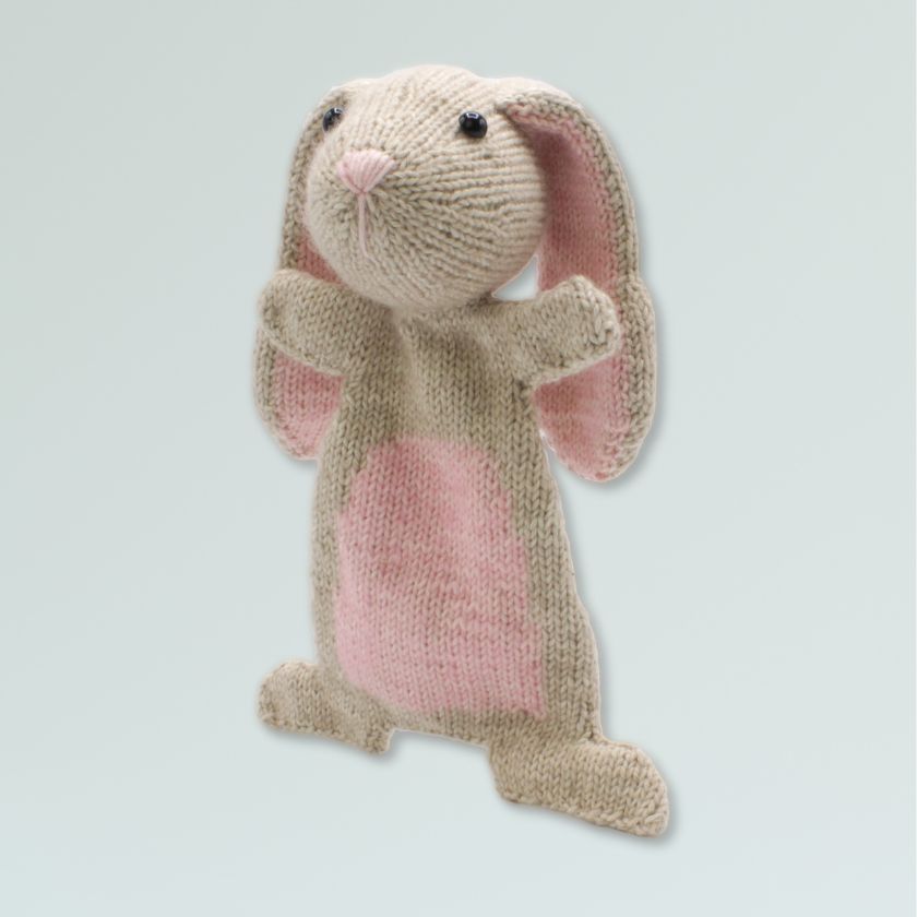 A completed example of the Doutze Bunny flat body knitted toy from Amigurumi