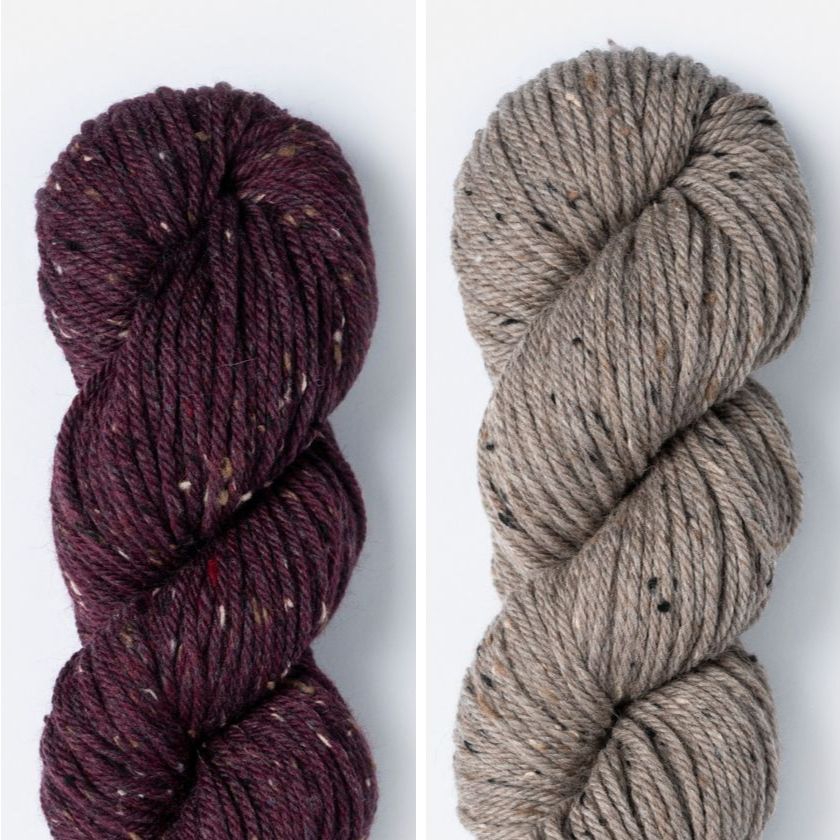 Kelso Wrap Kit color combo featuring Plum Brandy and Wild Mushroom in Woolstok Tweed (Aran).