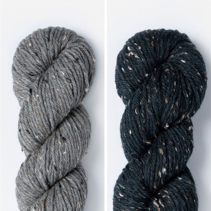 Kelso Wrap Kit color combo featuring River Rock and Midsummer Night in Woolstok Tweed (Aran).