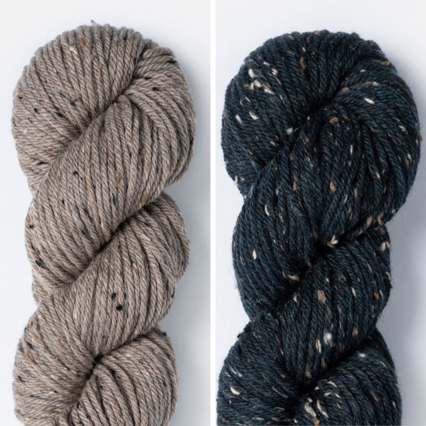 Kelso Wrap Kit color combo featuring Wild Mushroom and Midsummer Night in Woolstok Tweed (Aran).