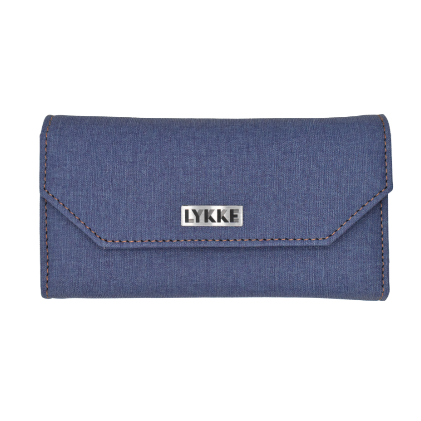 Blue denim knitting needle case with 'LYKKE' branding on a white background
