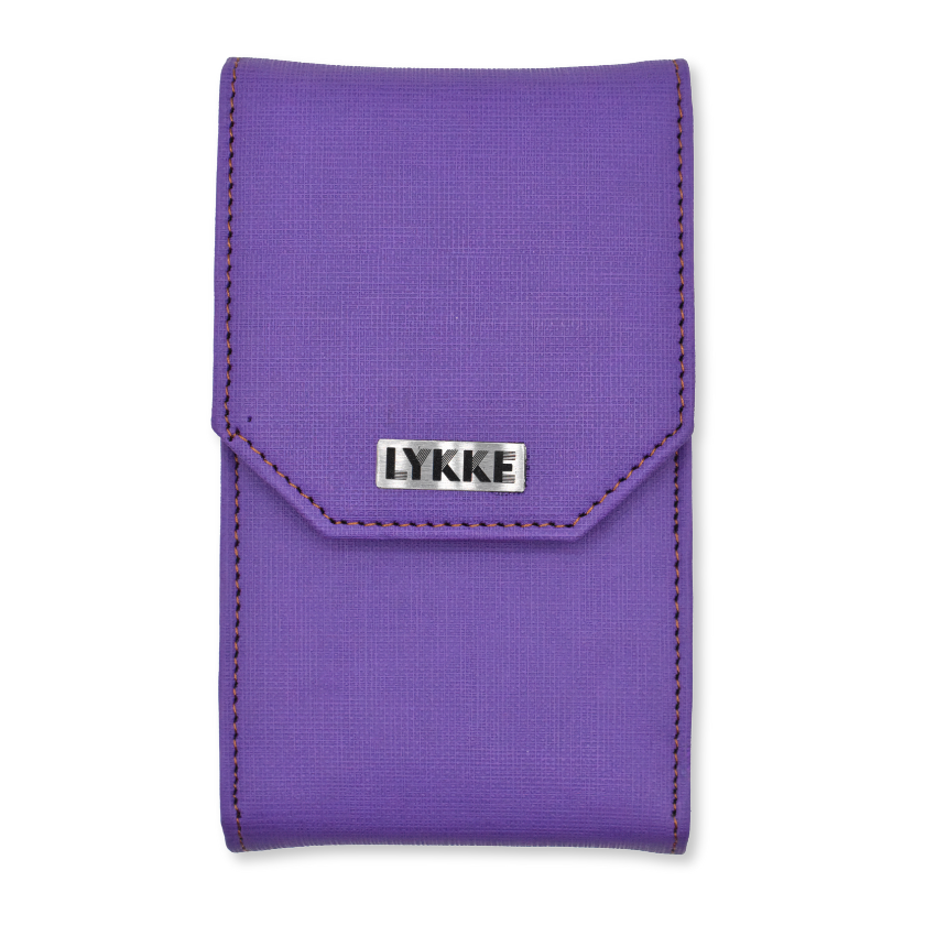 Purple case for metal knitting needles with 'LYKKE' branding on a white background