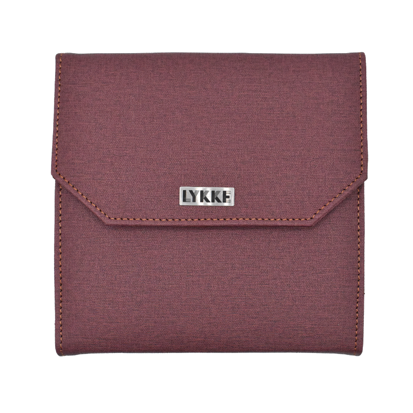 Maroon case for metal knitting needles with 'LYKKE' branding on a white background