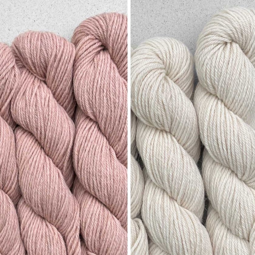 Skeins of yarn for the Milano sweater in Curry and Ecru