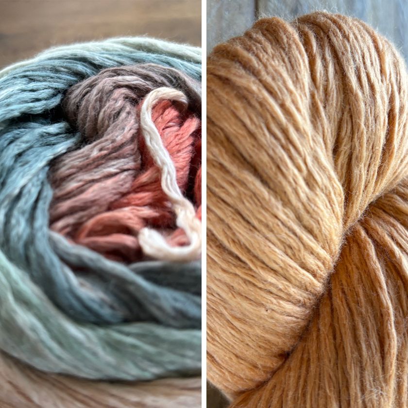 Two skeins of yarn, one multicolored called Misty Dawn and one Amber, on a wooden surface.