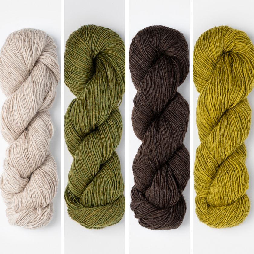 Skeins of yarn to make the Moss Grove color of the Persimmon Wrap