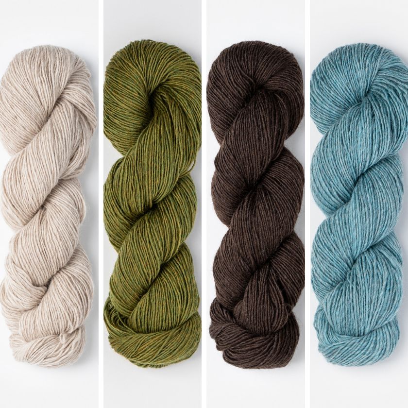 Skeins of yarn to make the Woodland Sky color of the Persimmon Wrap