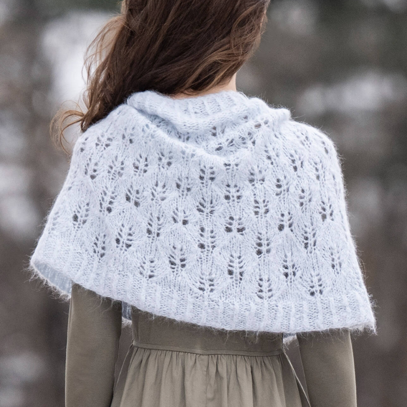 Back view of the Rime Frost Snood highlighting the repeating lace motif and relaxed, shawl-like fit.