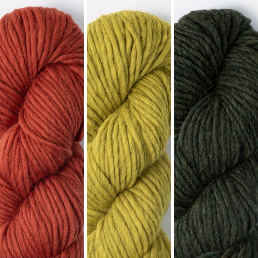 Three skeins of yarn in Rusted Roof, Golden Meadow, and Wild Thyme on a white background